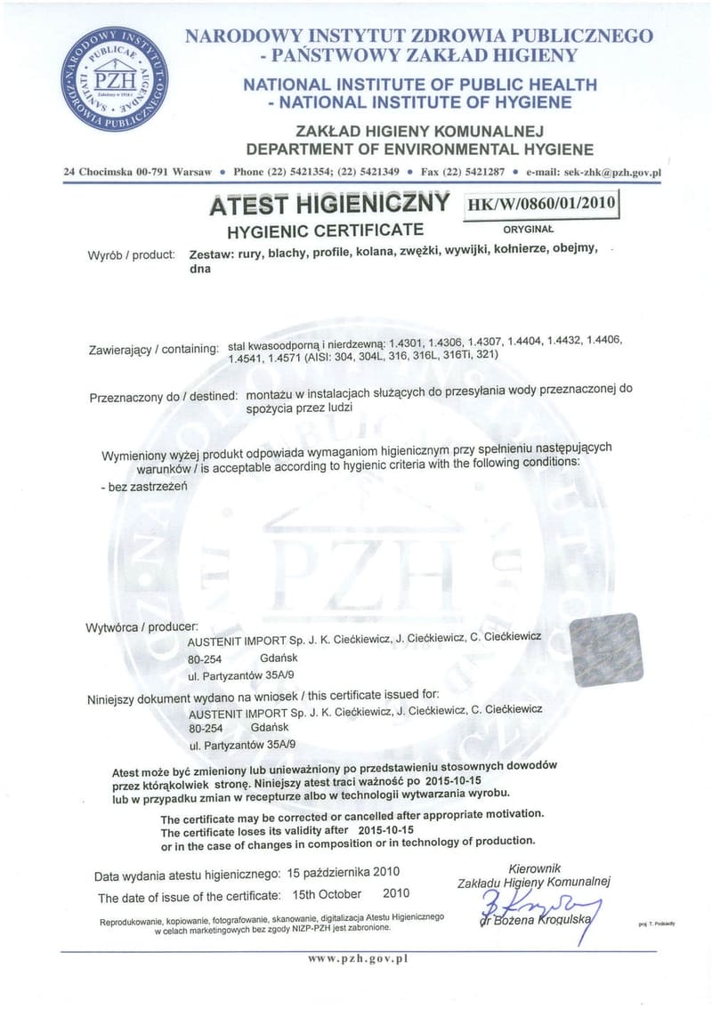 Hygiene certificate